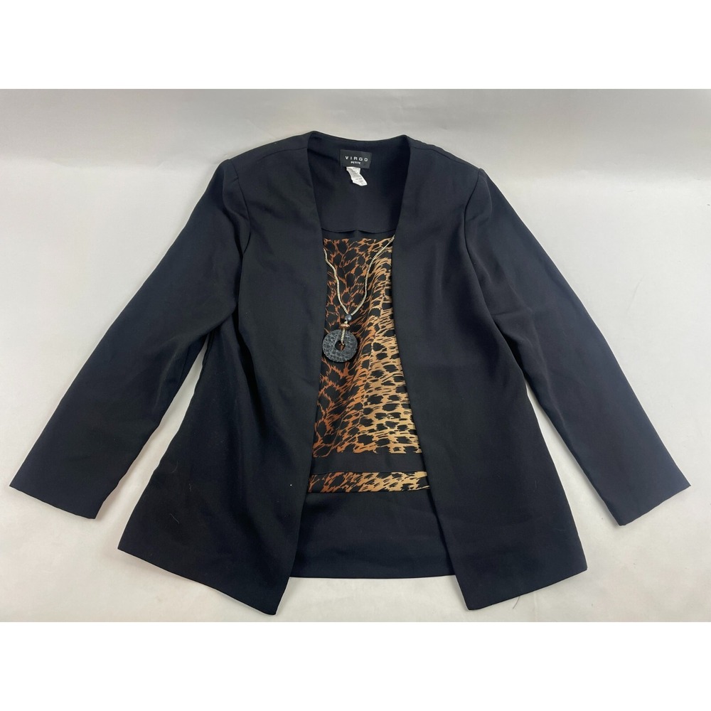 Virgo Blouse, Women's Size 6 Petite, Black, Faux Layered, Faux Necklace